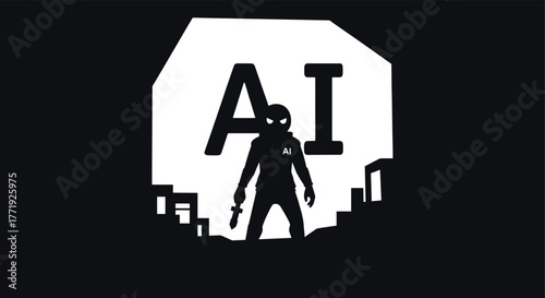 AI Threat Concept with Masked Figure and Knife artificial intelligence, ai, artificial intelligence, threat, danger, hacker, cybercrime, crime, security, risk, masked, figure, silhouette, person, knif