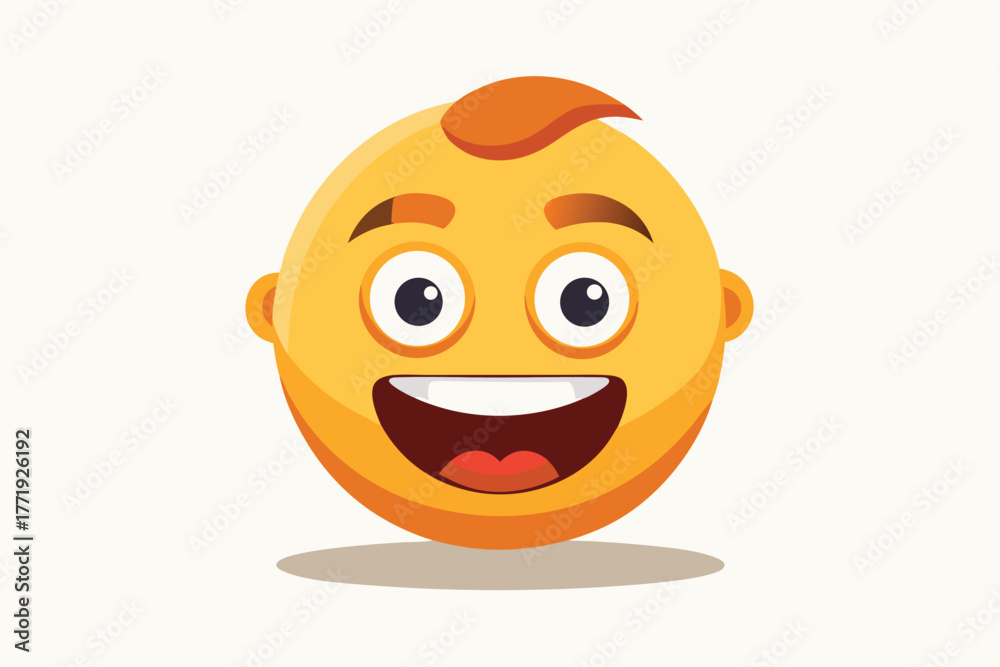 Fototapeta premium Smiling yellow emoji with open mouth and orange hair stands alone joyfully