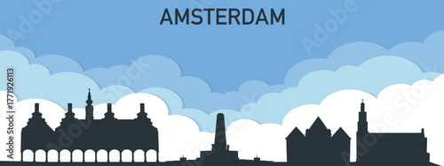 The skyline of Amsterdam against a blue sky with clouds.