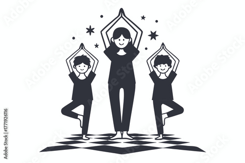 Smiling woman and kids doing yoga pose on checkered floor enjoys the peace