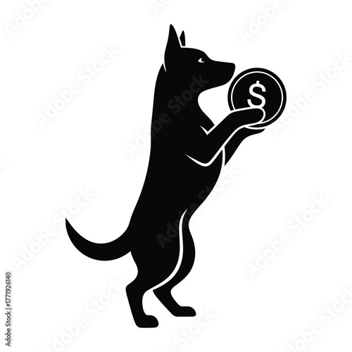 A charming dog silhouette stands upright, holding a coin with a dollar sign, , symbolizing finance, savings, and investment