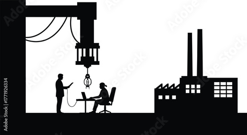 Factory Scene with Robotic Arm and Workers industrial, factory, industrial, manufacturing, automation, technology, robot, robotic arm, machinery, engineering, production, industry, workers, people, si