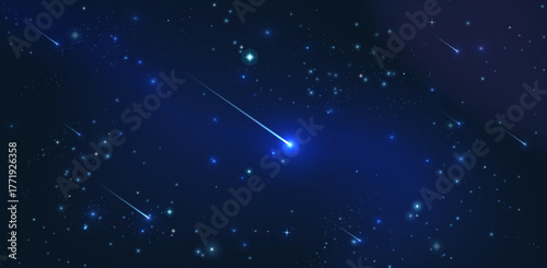 Starry sky with shooting stars. Abstract space background with glowing stars and comets. Astronomy, cosmic beauty, meteor shower, night sky concept, science fiction vector illustration.