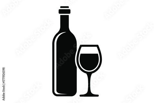 Vector illustration wine bottle and glass, black silhouette style