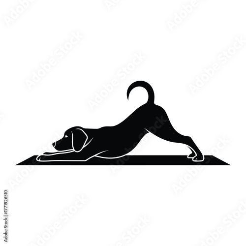 A black silhouette of a dog doing the downward dog yoga pose on a yoga mat the dog is stretching its body in a peaceful manner
