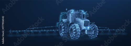3D digital model of a tractor. Futuristic agricultural technology, digital farming, AI machinery, agriculture, innovation, farm automation concept vector illustration.