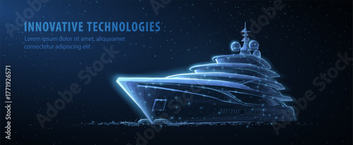 Luxury yacht. Motorboat craft, Marine transport, Modern ship, Super yacht, Digital innovation, Ocean travel, Wealth charter concept. Abstract 3D vector illustration

