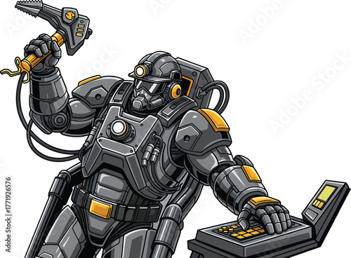 Futuristic robot miner with tools and control panel, robot, futuristic, miner, mining, suit, armor, helmet, lamp, drill, pickaxe, tool, technology, science fiction, mechanical, industrial, cybernetic,