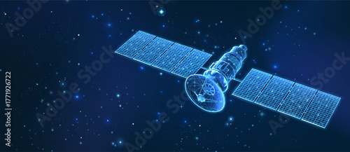 Satellite on the space background. Space exploration, GPS technology, Spacecraft station, Digital telecommunication network, Radar defense, Solar panel, Satellite communication, military concept

