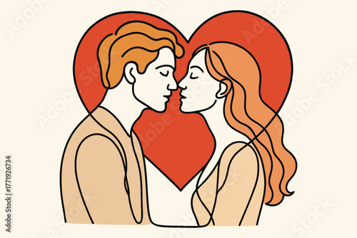 Romantic couple sharing an intimate moment with eyes closed in front of a large red heart illustration