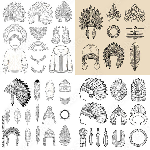 Hand-drawn illustration set of traditional tribal headdresses and feathers. Detailed cultural artwork depicting headgear, symbols, and ornamental elements inspired by heritage and craftsmanship.