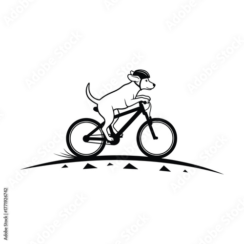 A white dog is riding a bicycle on a hill, the dog is wearing a helmet and looking forward with determination