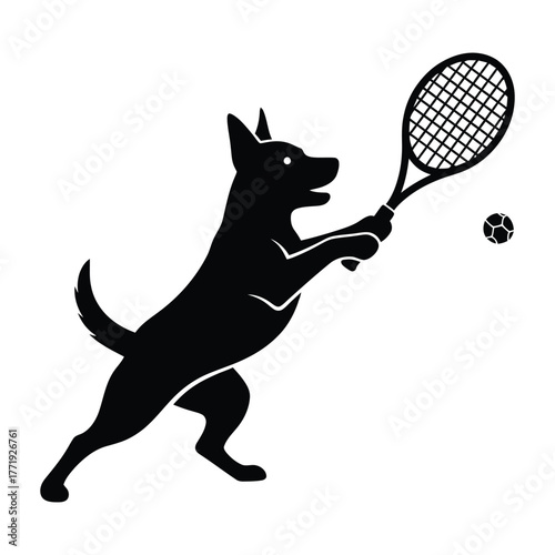 A black dog is playing tennis with a racket and ball, the dog is standing on its hind legs and swinging the racket