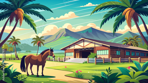 Very beautiful scene of a horse grazing peacefully at Koele Stables in Lanai, Hawaii, USA, surrounded by lush green pastures, rolling hills, and tropical island scenery under clear skies.