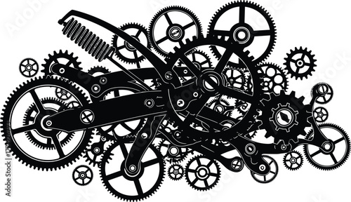 Intricate black silhouette of steampunk gears and clockwork mechanism gears, clockwork, mechanism, black, energy, illustration, design, clockwork, intricate, art, description:, interlocking, workshop,