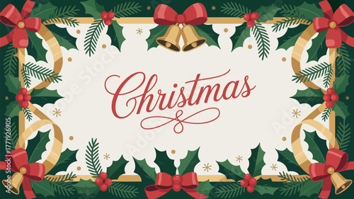 Warm festive Christmas border with holly berries, bows, golden bells, and pine sprigs creating a joyful holiday greeting
