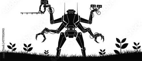 Mechanical robot with multiple arms in a grassy field, robot, mechanical, android, ai, technology, futuristic, arms, claws, gripper, machinery, industrial, science fiction, silhouette, black and white