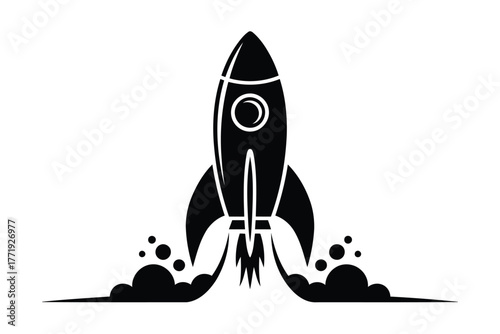 Vector illustration black and white rocket ship taking off