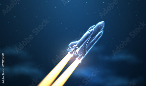 Spaceship takeoff. Rocket launch, Space shuttle, Mission start, Digital technology in spacecraft, Space travel, Rocket flight, discovery concept. Startup company symbol

