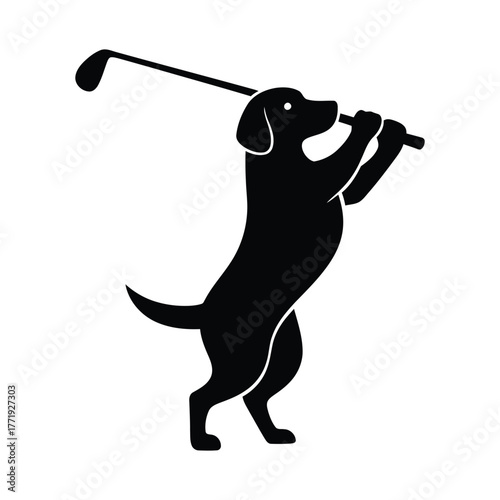 A sporty dog silhouette swings a golf club with precision and style, showcasing its athletic prowess and love for the game