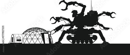 Robotic excavator and dome structure on alien terrain, robot, excavator, dome, structure, alien, planet, exploration, science, futuristic, technology, machinery, construction, extraterrestrial, space,