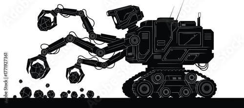 Robotic excavator with claws picking up rocks on white background, robot, excavator, machine, mechanical, technology, industrial, construction, mining, automation, futuristic, science fiction, enginee