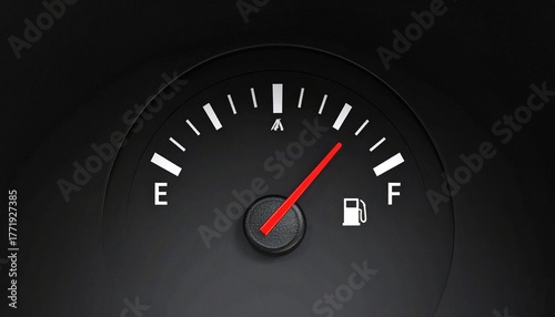 Car fuel gauge with needle above halfway, E to F scale, fuel pump icon, monitoring fuel level.
