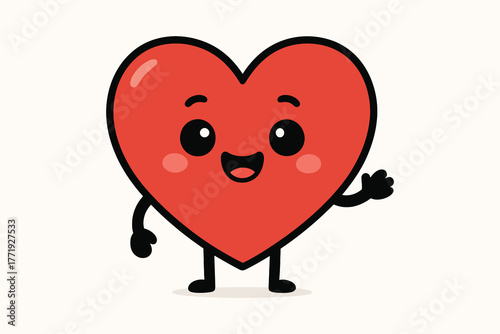 Cute cartoon red heart character waving hello with a happy face and rosy cheeks