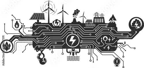 Silhouette of a smart city powered by renewable energy, smart city, renewable energy, silhouette, technology, circuit board, wind turbines, solar panels, power lines, factory, smoke, leaves, lightning