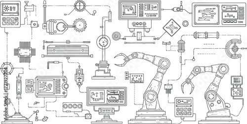 Technical schematic of robotic arms and control panels, robot, robotic arm, schematic, technical drawing, blueprint, engineering, technology, automation, industrial, machinery, mechanical, gears, circ