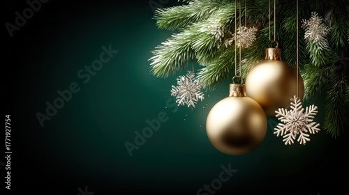 A festive composition featuring golden Christmas ornaments