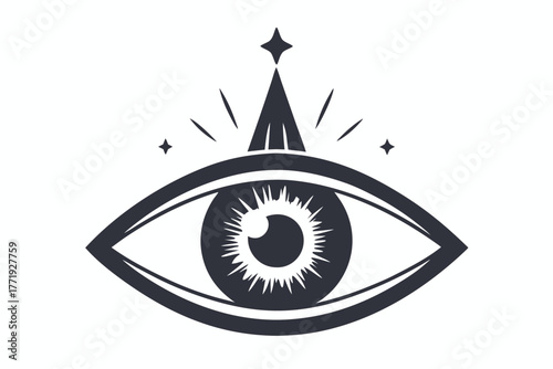 Stylized dark eye radiates light with star symbols in a flat monochrome artwork