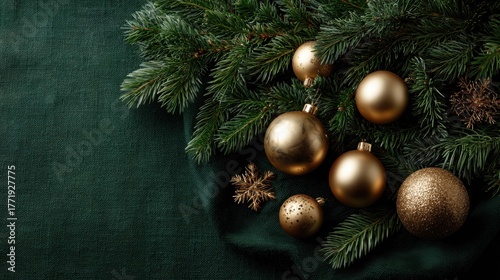 A festive composition featuring golden Christmas ornaments