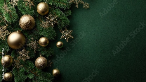 A festive composition featuring golden Christmas ornaments