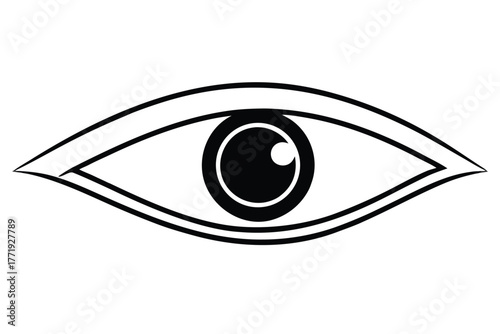 Stylized black eye with bold eyelashes and obscuring black bar conveys blindness