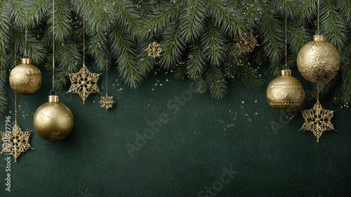 A festive composition featuring golden Christmas ornaments
