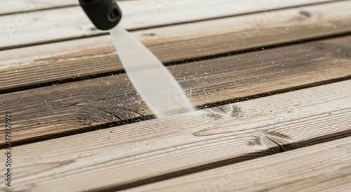 Cleaning garden fence with pressure washer, wet wood shining in natural tones