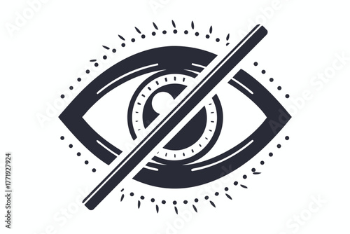Stylized eye outlined with ornamental dots and a strikethrough emphasizes obstruction