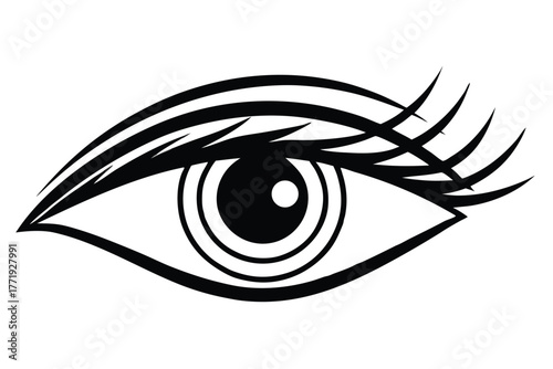 Stylized eye shows dark lashes and brow in a art style