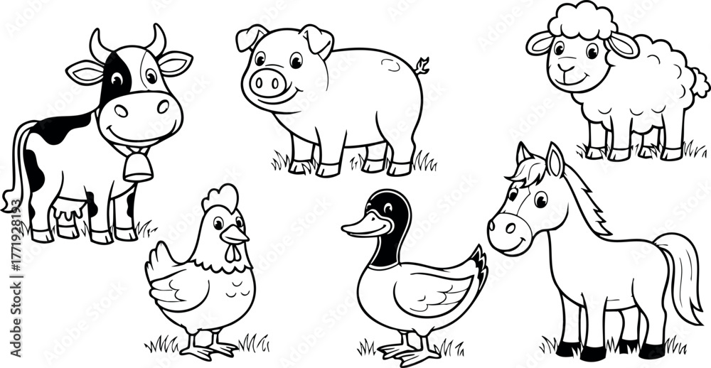 Obraz premium Farm animals cartoon vector set including cow pig sheep chicken duck and horse in black and white line art style