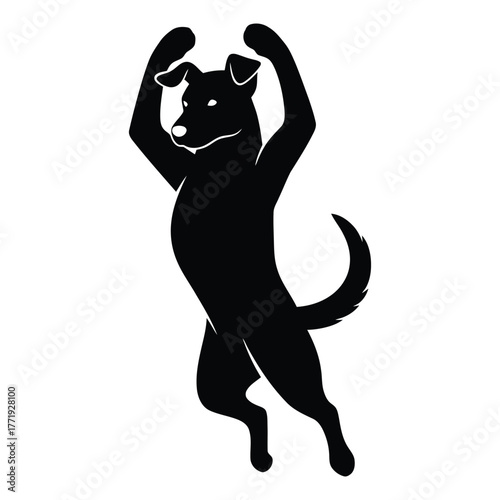 Silhouette of a dog standing on its hind legs with its arms raised, the dog is black and the background is white