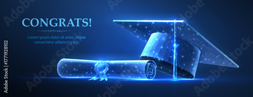 Graduation Cap with Degree on blue. Graduate student, graduation celebration, academy professor, grad school, celebrate achievement, academic reward, congratulation message, end study. Banner concept
