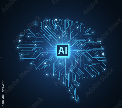 AI brain made from circuit board. Digital neural network, artificial intelligence, machine learning, deep learning, innovation, future technology vector illustration.