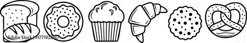 Bakery bread and pastry line art icons with loaf donut muffin croissant cookie and pretzel vector set