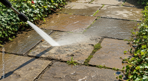 Washing backyard walkway with pressure washer creating clean path glowing, backyard cleaning, home improvement