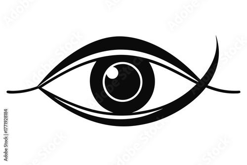 Stylized eye with lashes and a curved brow depicted in solid black ink