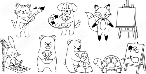 Cute animal characters painting and drawing creative art vector illustration set with cat dog fox bear rabbit turtle and easel