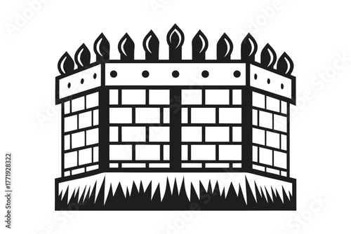 Stylized fortress with stylized flame silhouettes shows detailed brick work in monochrome black and white