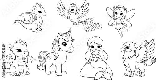 Cute fantasy creatures collection with dragon, unicorn, mermaid, fairy and griffin vector line art for kids design and coloring pages