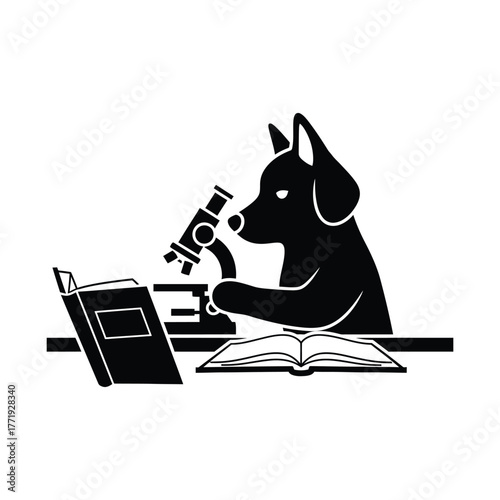 A scholarly dog studies intently with a microscope and book, , showcasing the pursuit of knowledge and scientific curiosity